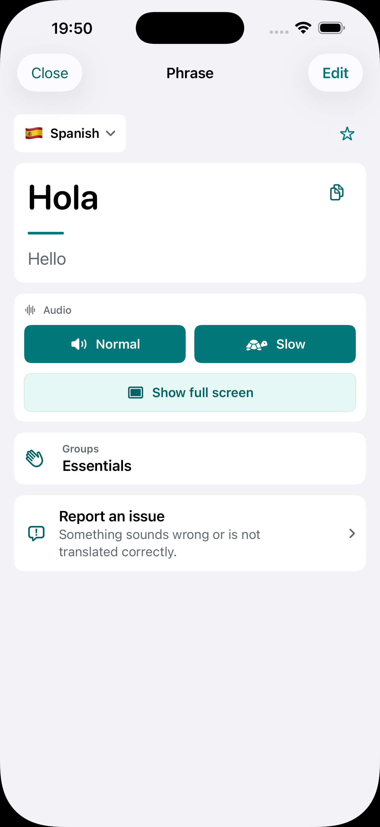 Phrase detail screen